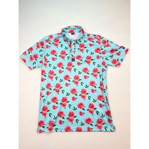 Bad Birdie Mens Peony Floral Golf Polo Shirt Light Blue Pink Short Sleeve Small